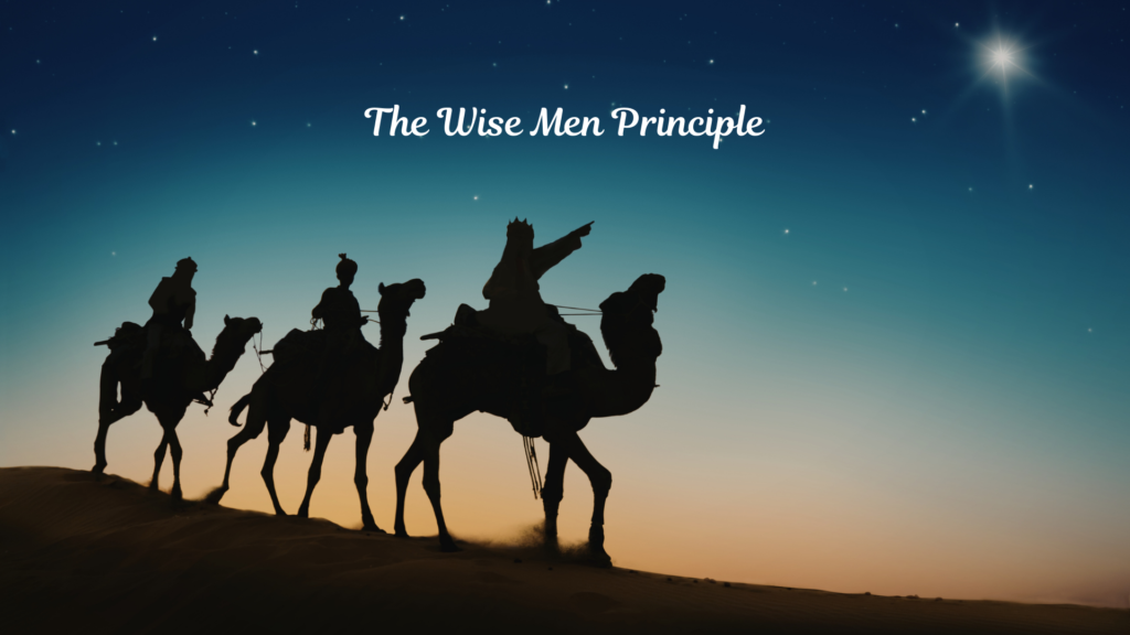 Three wise men seen traveling in the sunset